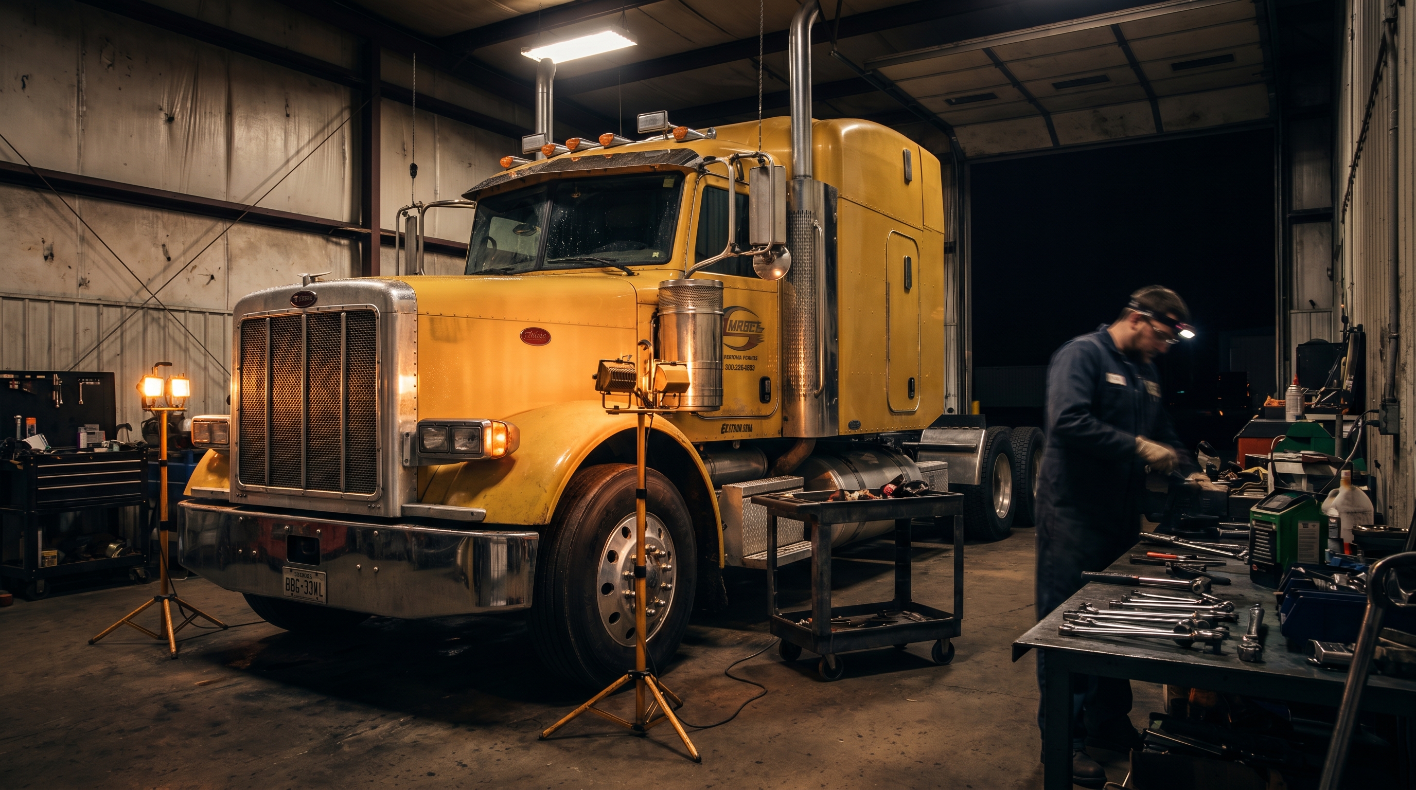 Yellow semi-truck inside a mechanic workshop