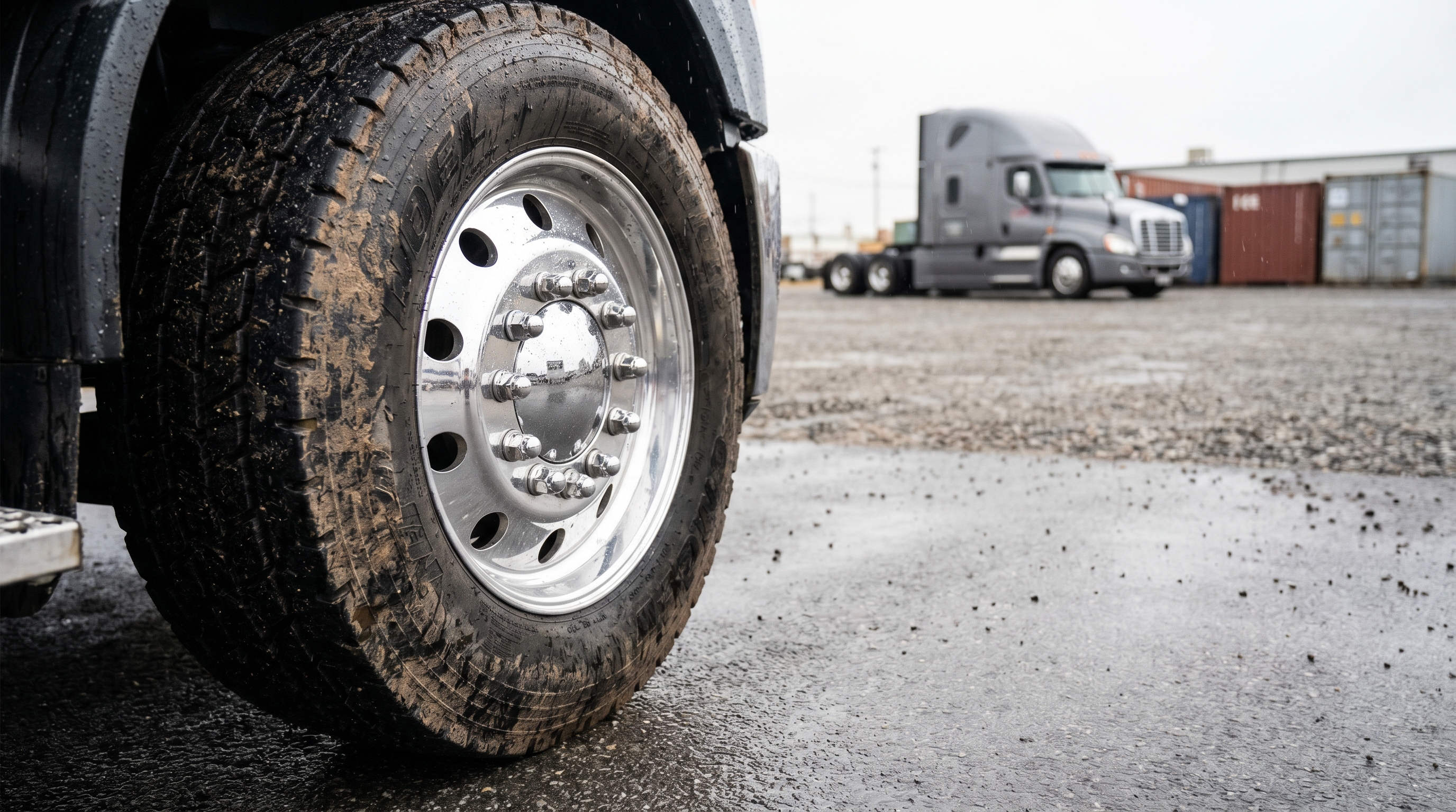 Close-up of a semi-truck wheel